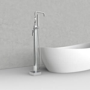 Modern Square Freestanding Chrome Bathtub Faucet with Handheld Sprayer—Upgrade Bathing Experience And Boost Project Value