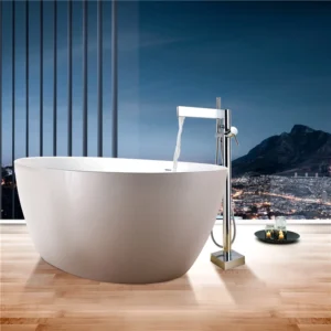 Freestanding Bathtub Faucet – Square Spout Brass Floor Mounted Tub Filler with Hand Shower