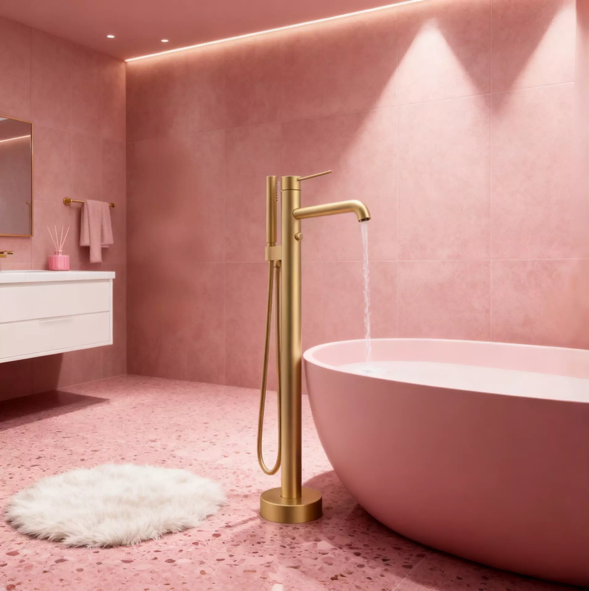 Brushed Gold Freestanding Bathtub Faucet 12.5 GPM | PVD Solid Brass Luxury Tub Filler for OEM and Project Use - Image 3